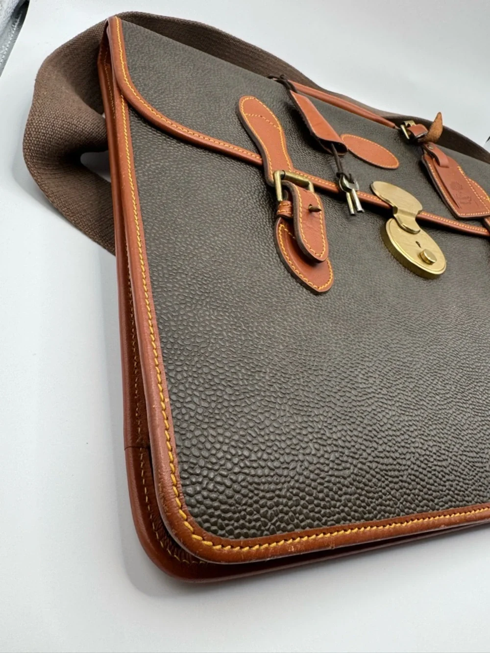 Mulberry England Vintage Scotchgrain Briefcase Satchel | Khaki Brass Lock + Key